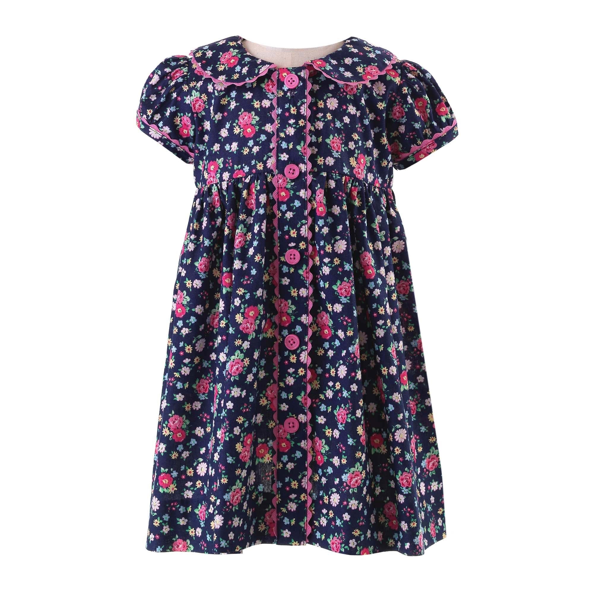 Floral Button-Front Dress & Bloomers, Navy