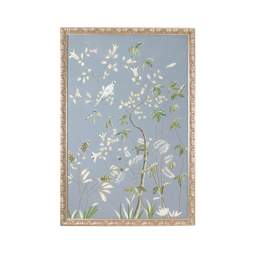 Grey-Blue Watercolor on Silk Chinoiserie Birds Wall Art Panel