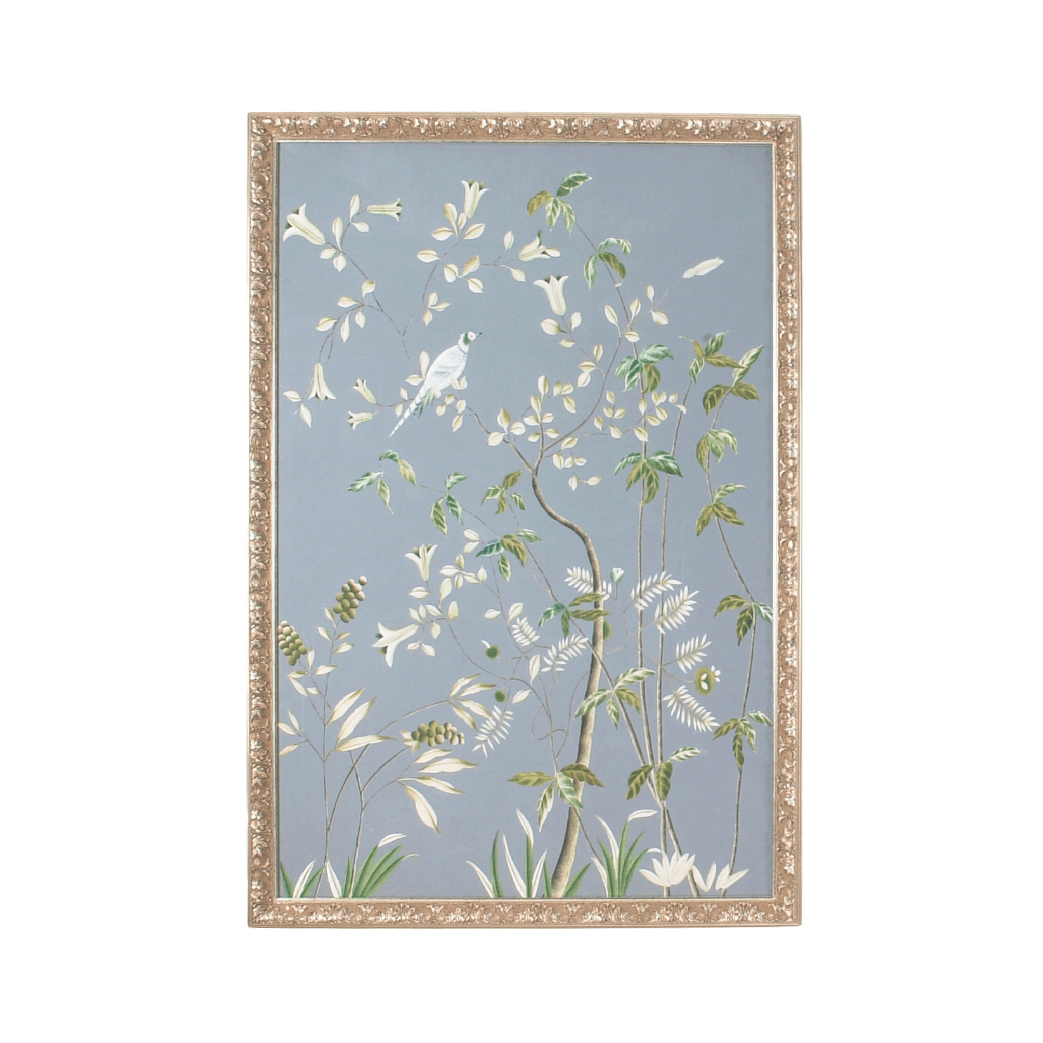 Grey-Blue Watercolor on Silk Chinoiserie Birds Wall Art Panel