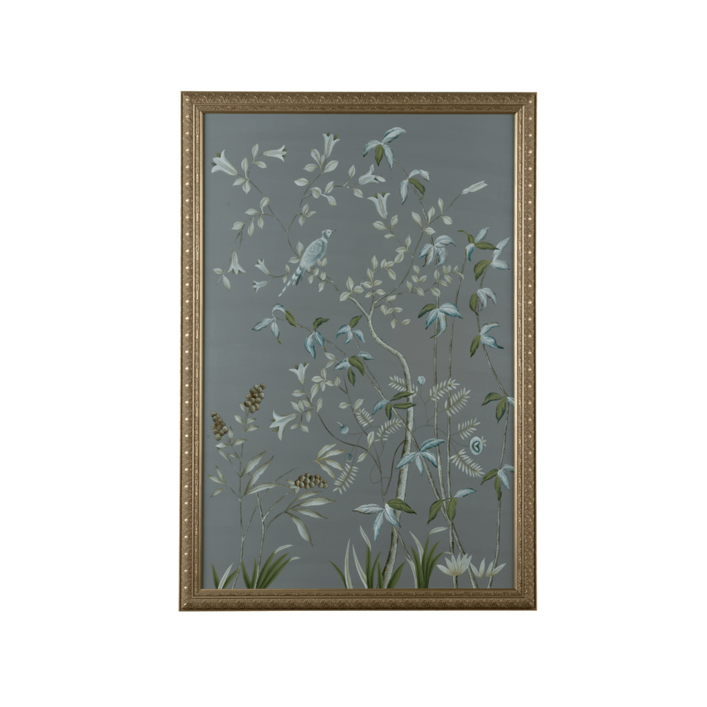 Grey-Blue Watercolor on Silk Chinoiserie Birds Wall Art Panel