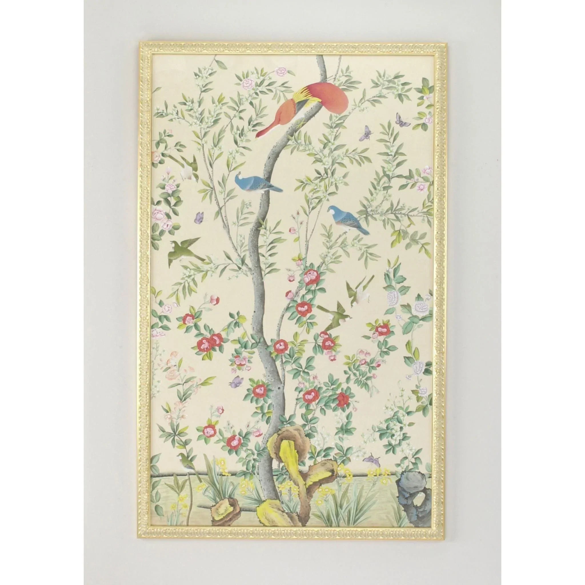 Multi Watercolor On Silk Chinoiserie Birds Panel Wall Art With Gold Frame