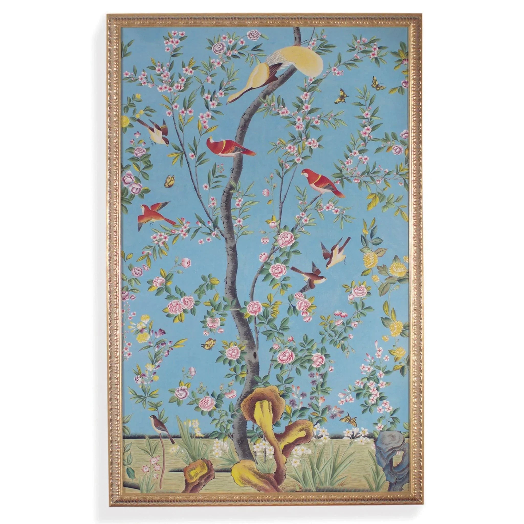 Red Birds on Blue Chinoiserie Panel Watercolor on Silk Wall Art