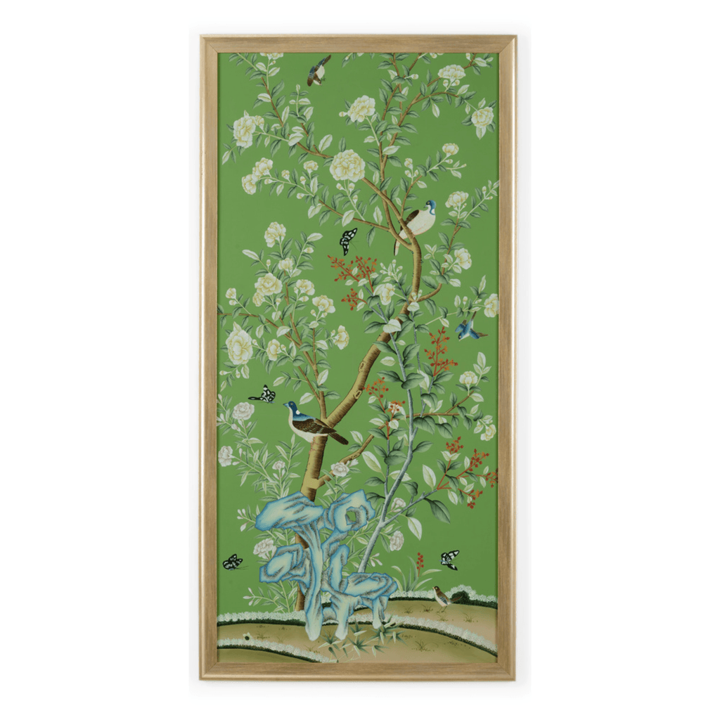 Regent Park In Green II Chinoiserie Panel Framed Wall Art With Birds and Flowers