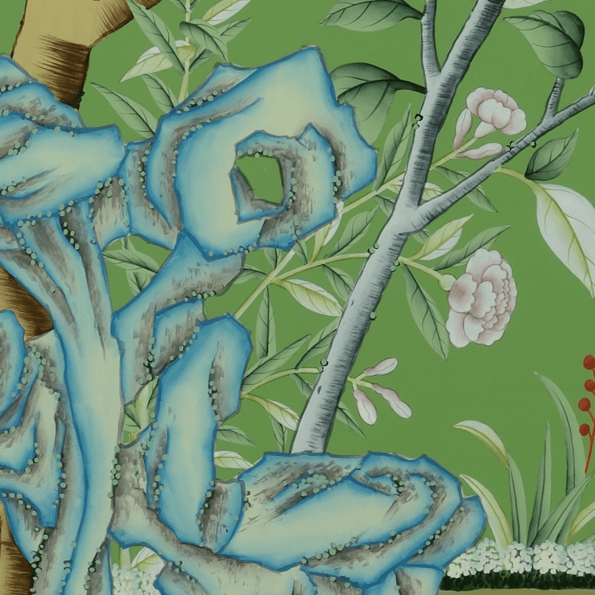 Regent Park In Green II Chinoiserie Panel Framed Wall Art With Birds and Flowers