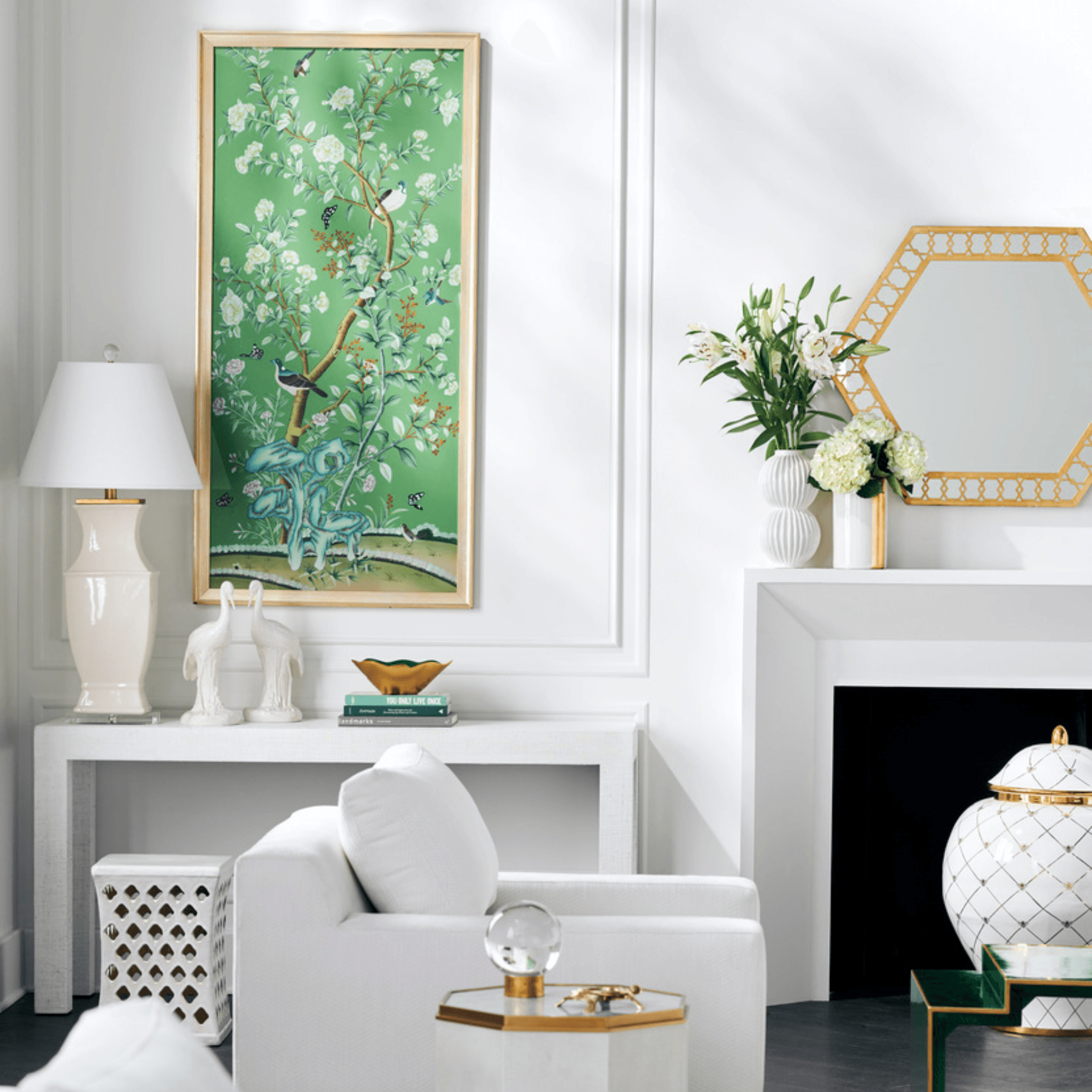 Regent Park In Green II Chinoiserie Panel Framed Wall Art With Birds and Flowers